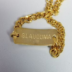 Vintage Gold Tone Medical ID Bracelet, Red Enamel, Glaucoma Engraved, Estate